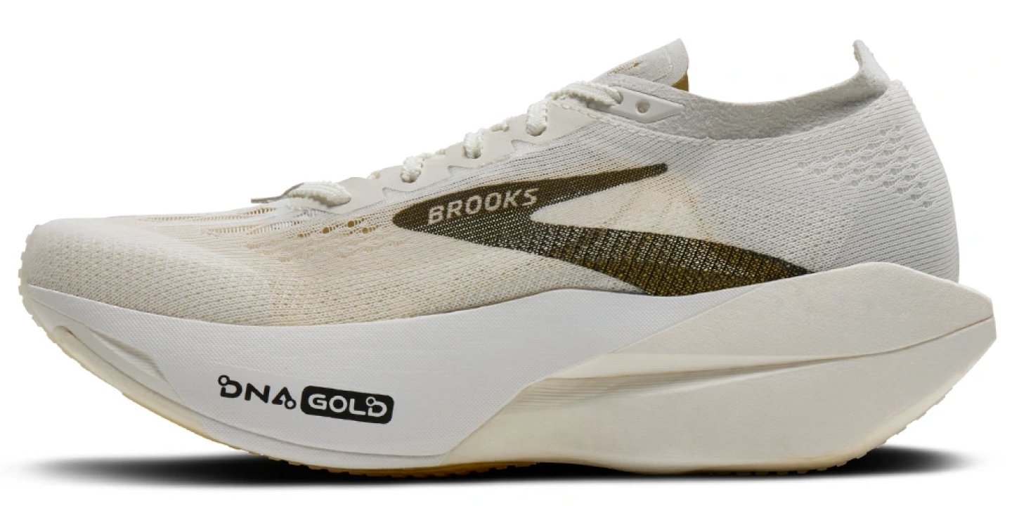 Brooks Hyperion Elite 6 racing shoe in white and gold colorway, featuring DNA Gold foam midsole, lateral side view