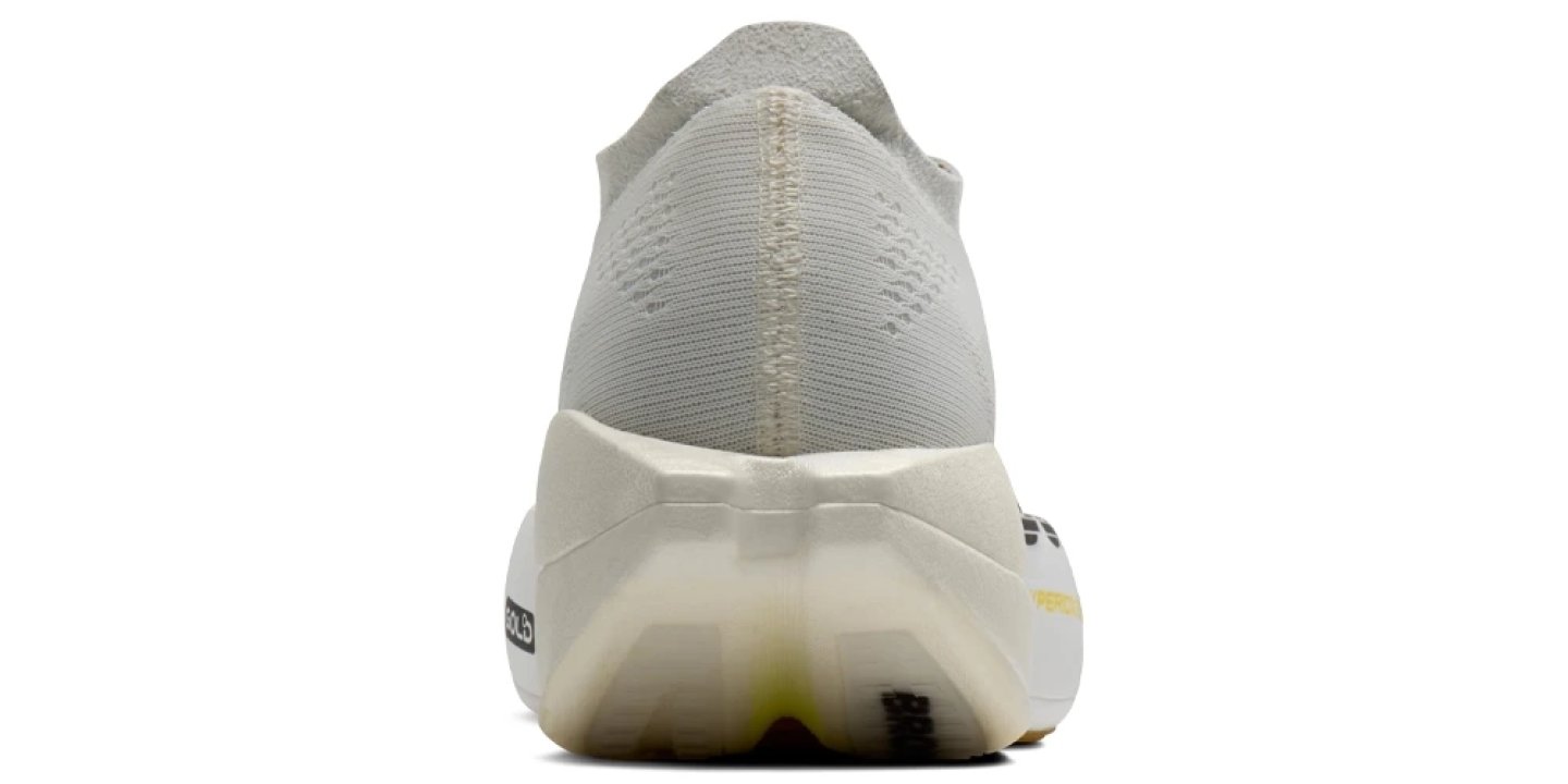 Rear view of the Brooks Hyperion Elite 6 running shoe showing knit upper, structured heel counter and thick midsole
