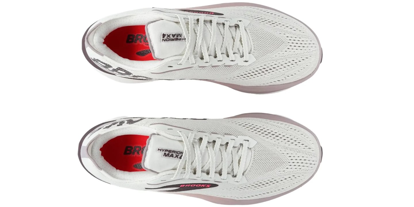 Brooks Hyperion Max 4 running shoes top view, white engineered mesh upper with pink midsole, pair displayed