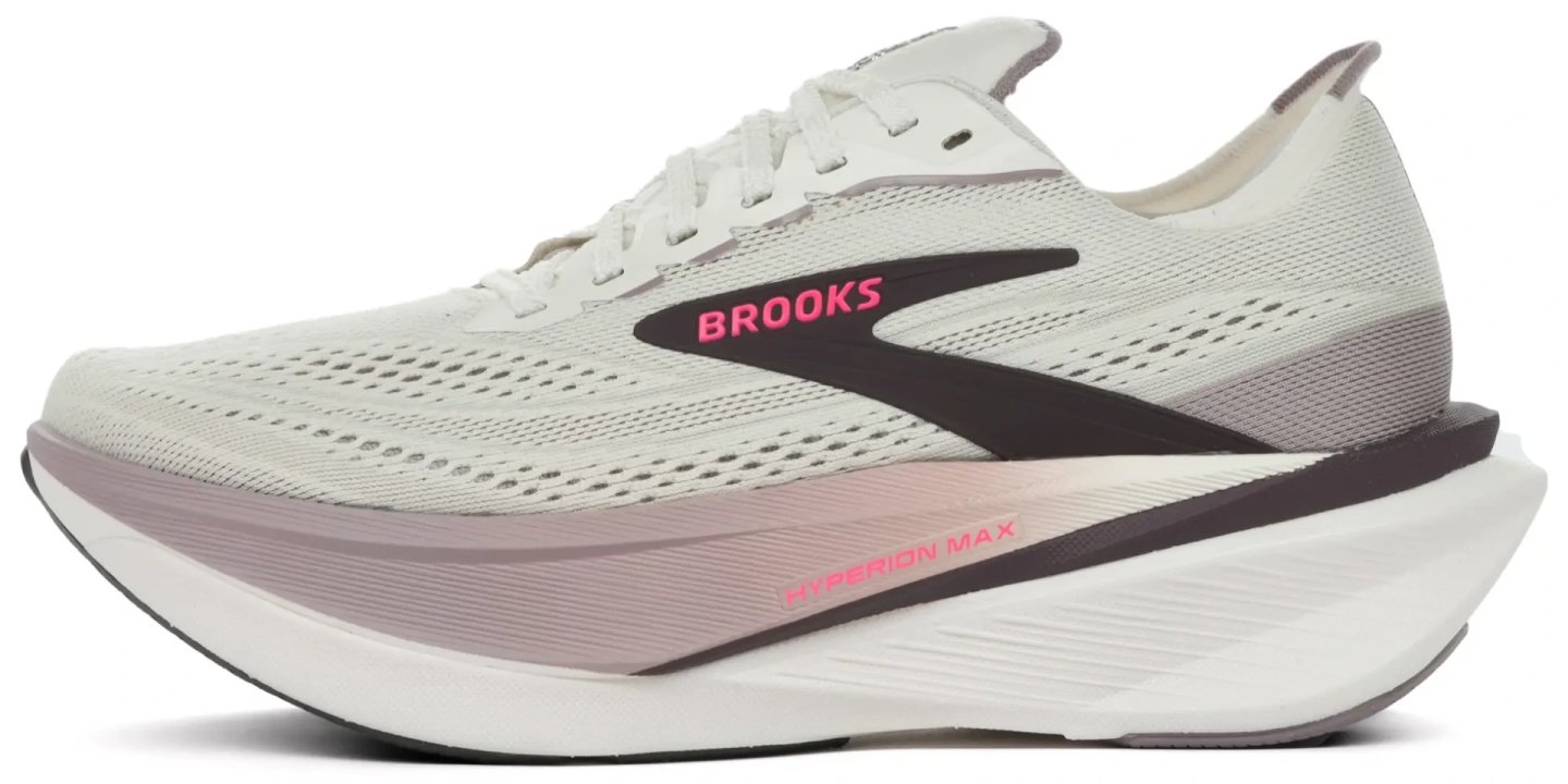 Brooks Hyperion Max 4 women's running shoe in white and pink with a chunky rocker midsole, lateral view