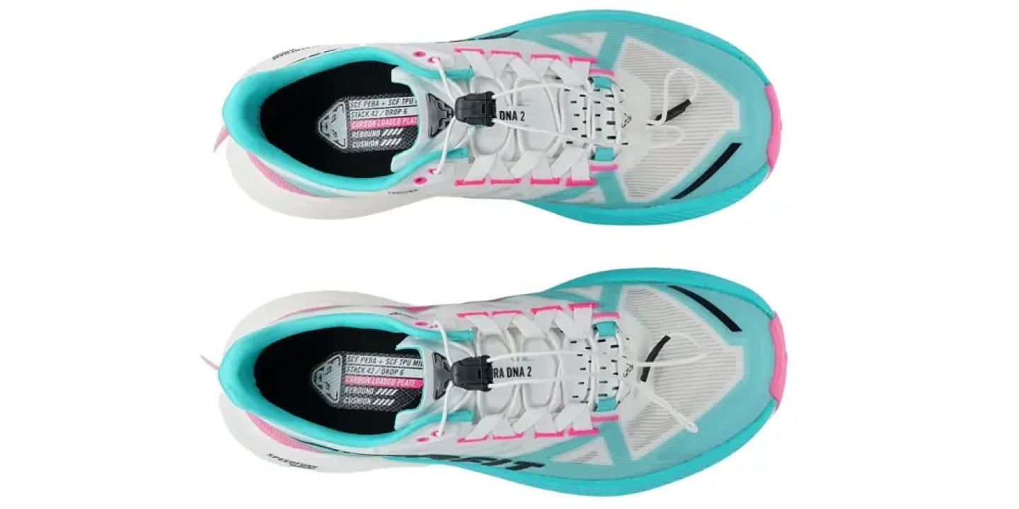 Top-down view of a pair of Dynafit Ultra DNA 2 running shoes in white, teal and pink colourway