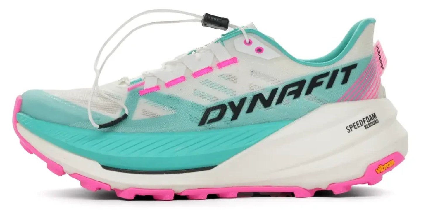 Dynafit Ultra DNA 2 trail running shoe in white, teal and pink with Speedfoam Rebound midsole and Vibram outsole