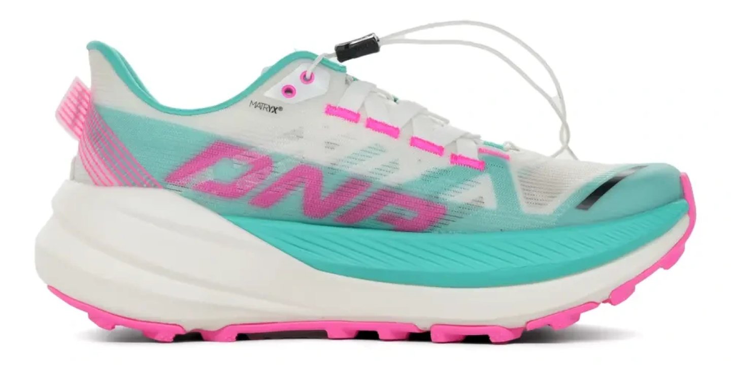 Dynafit Ultra DNA 2 women's trail running shoe in white, teal and pink with MATRYX upper and quick-lace system