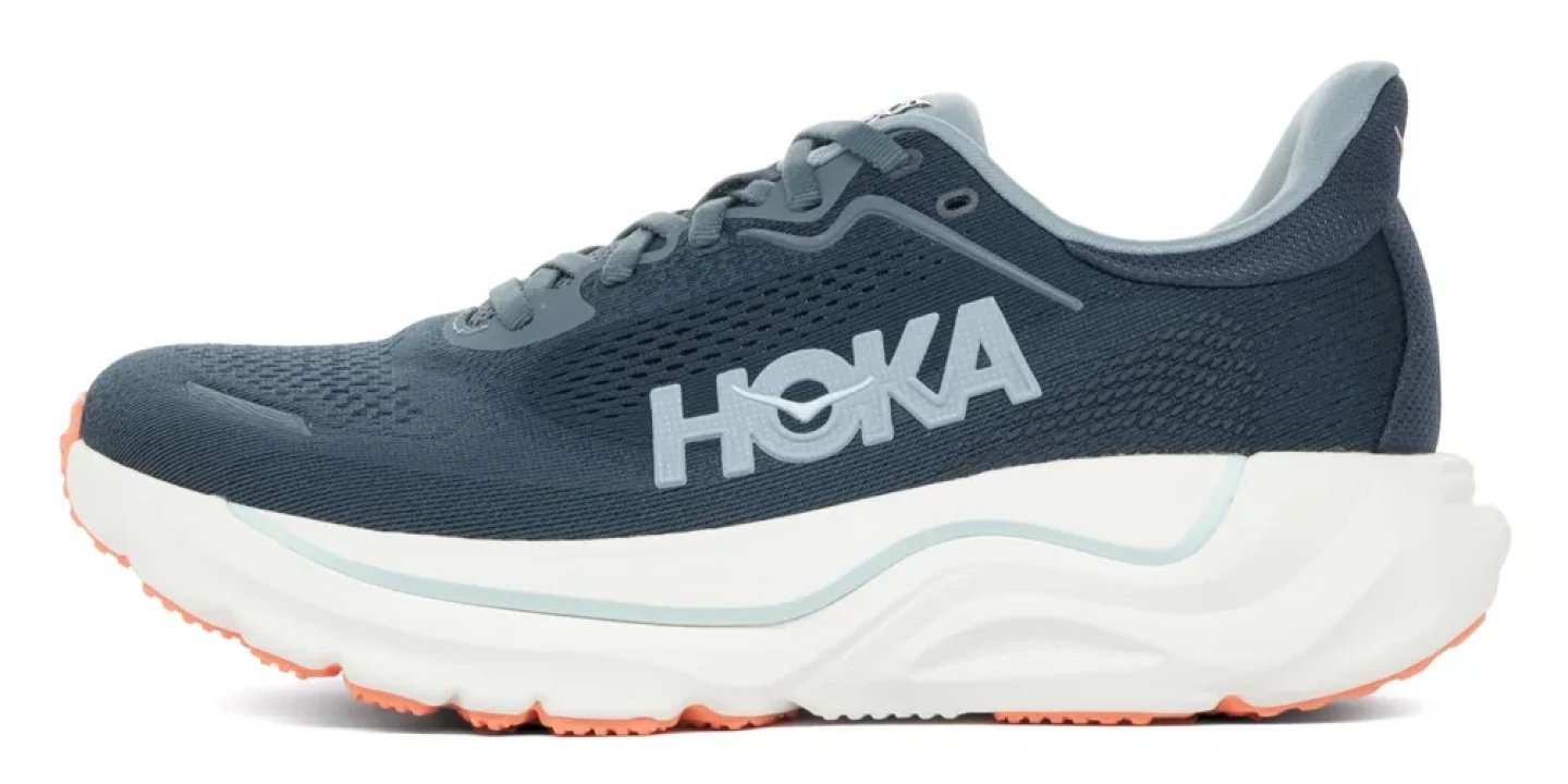 Hoka Arahi 9 running shoe in slate blue and white with coral outsole accents, lateral side view