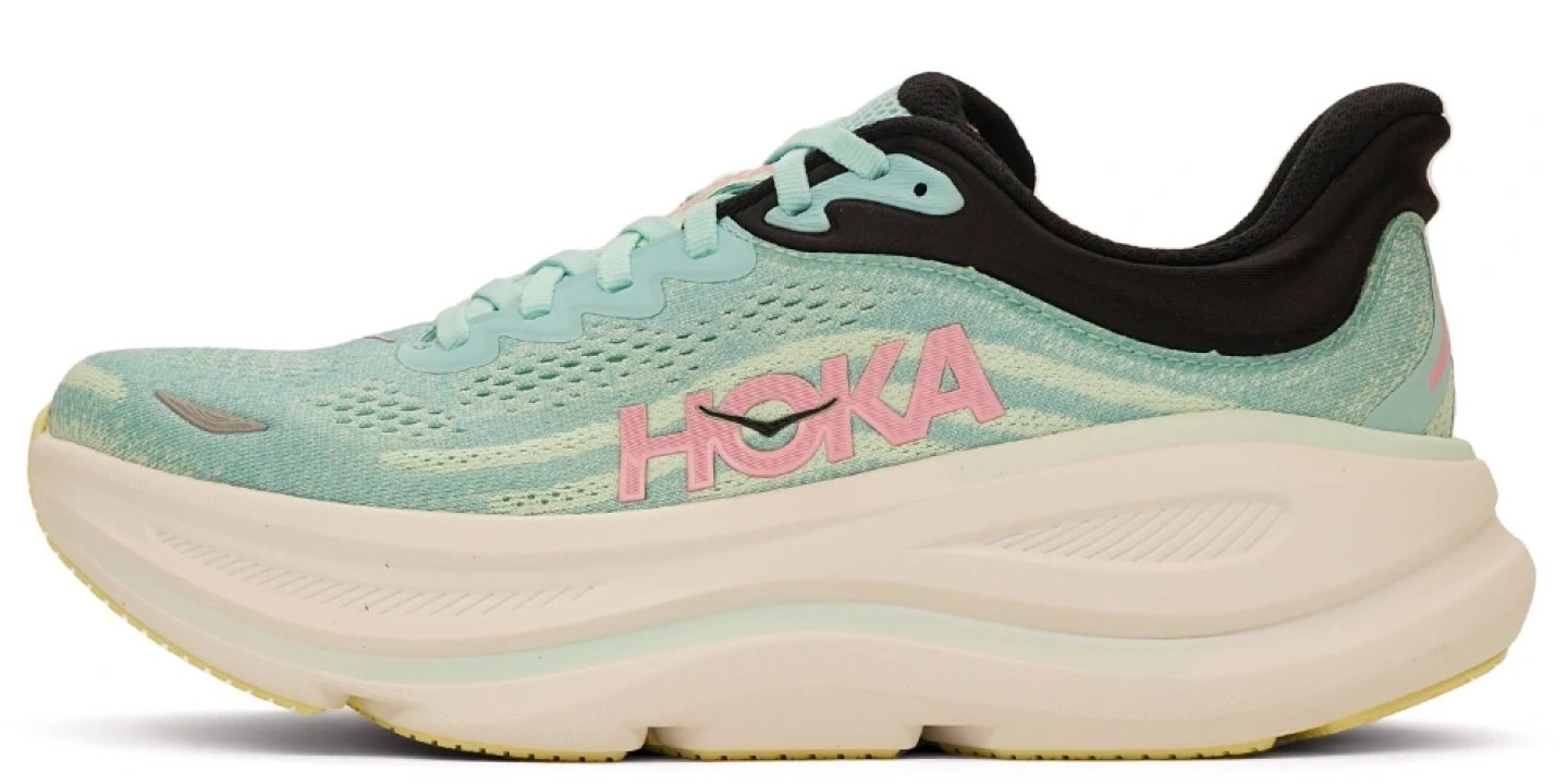 Hoka Bondi 9 running shoe in mint green and pink colorway with cream maximal cushioning midsole, lateral view