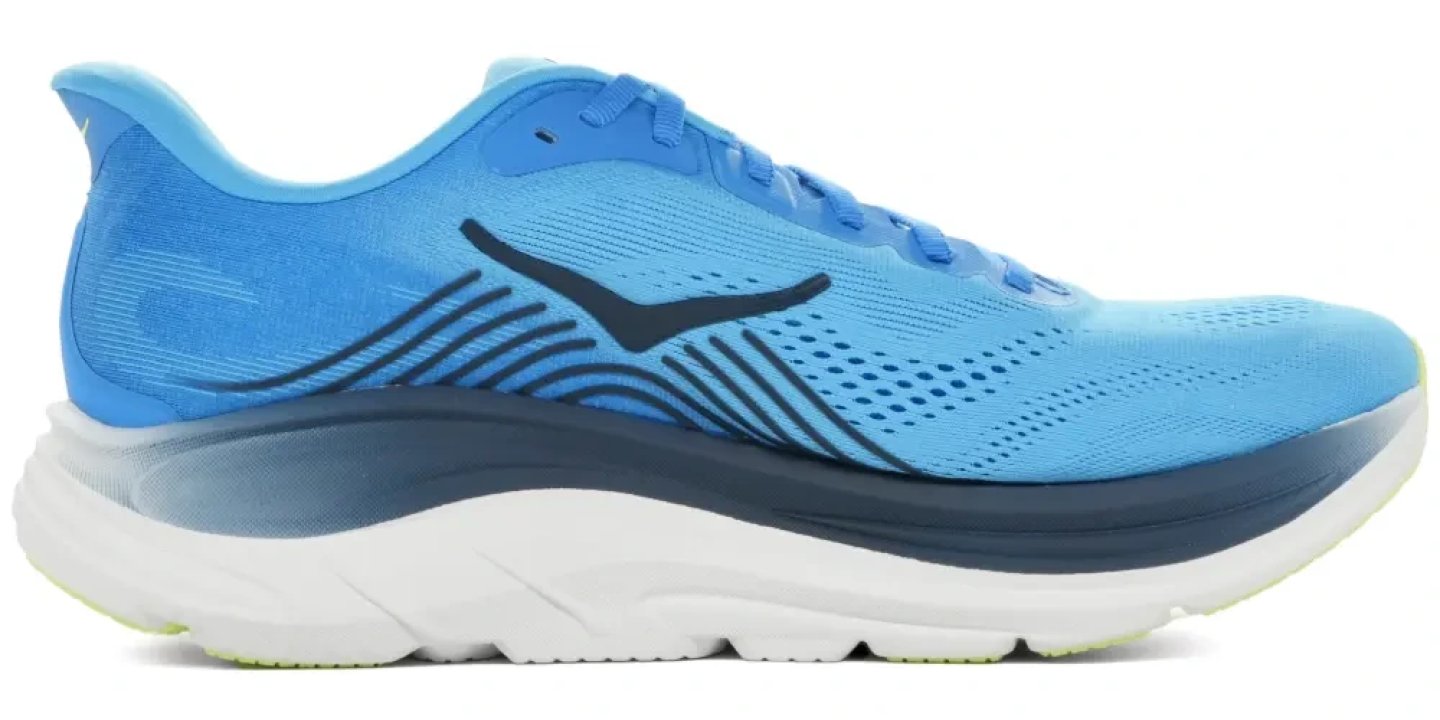Hoka Clifton 11 running shoe in blue with dark navy midsole and white outsole, lateral side view
