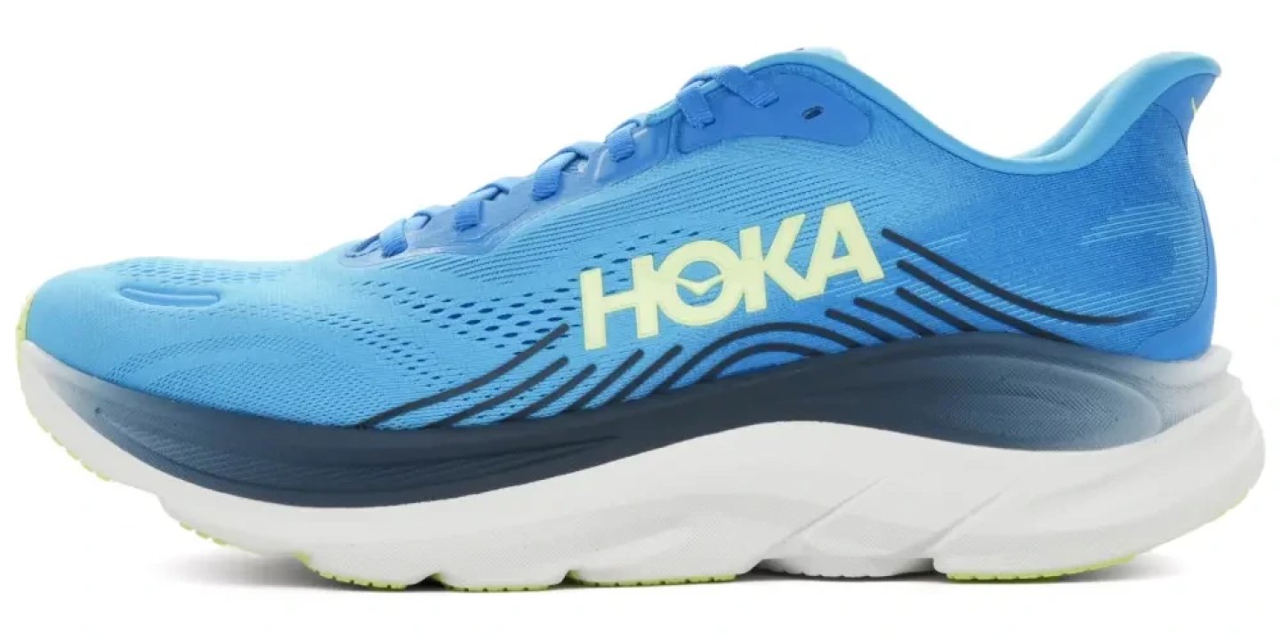 Hoka Clifton 11 running shoe in blue and white with lime green accents, lateral side view on white background