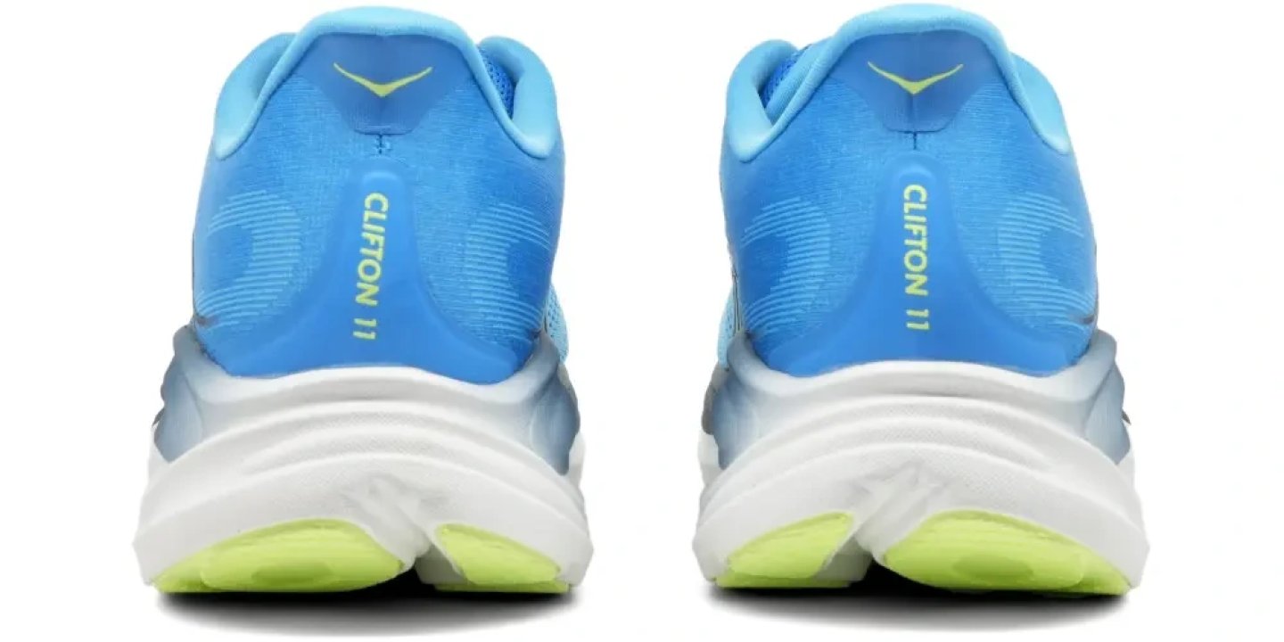 Rear view of a pair of Hoka Clifton 11 running shoes in blue with a white midsole and lime green outsole accents.