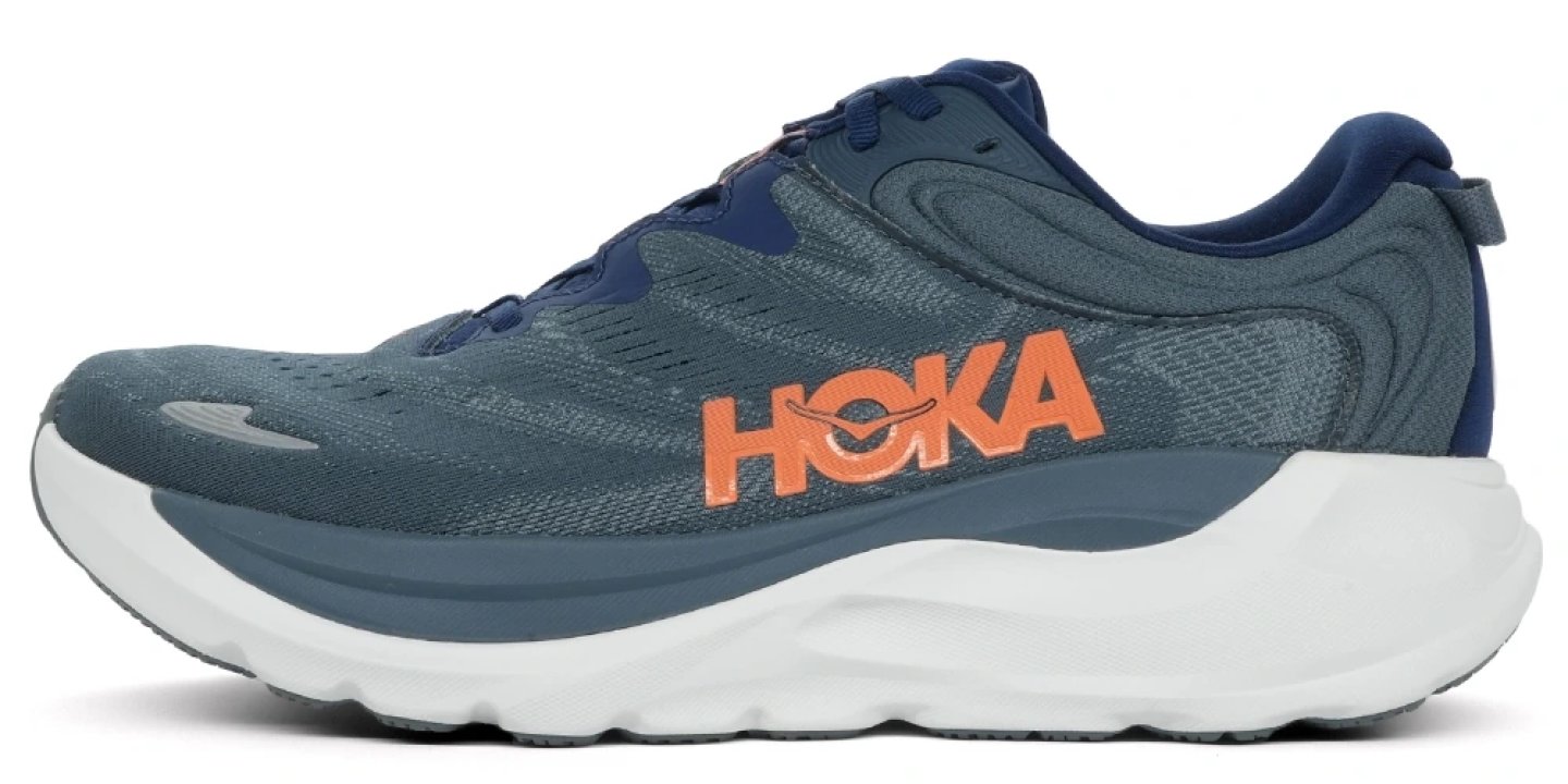 Hoka Gaviota 6 running shoe in slate blue and navy with orange branding and white midsole, lateral view