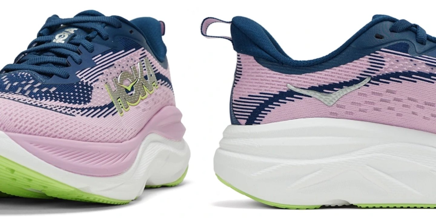 Hoka Skyflow running shoe in pink and navy with white maximal midsole and neon green outsole, shown from front and side