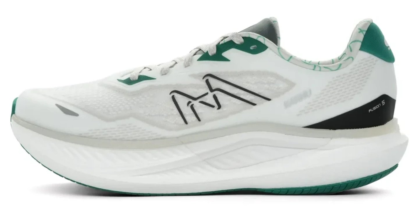 Karhu Fusion 5 running shoe in white and green, lateral side view showing logo, mesh upper and thick midsole