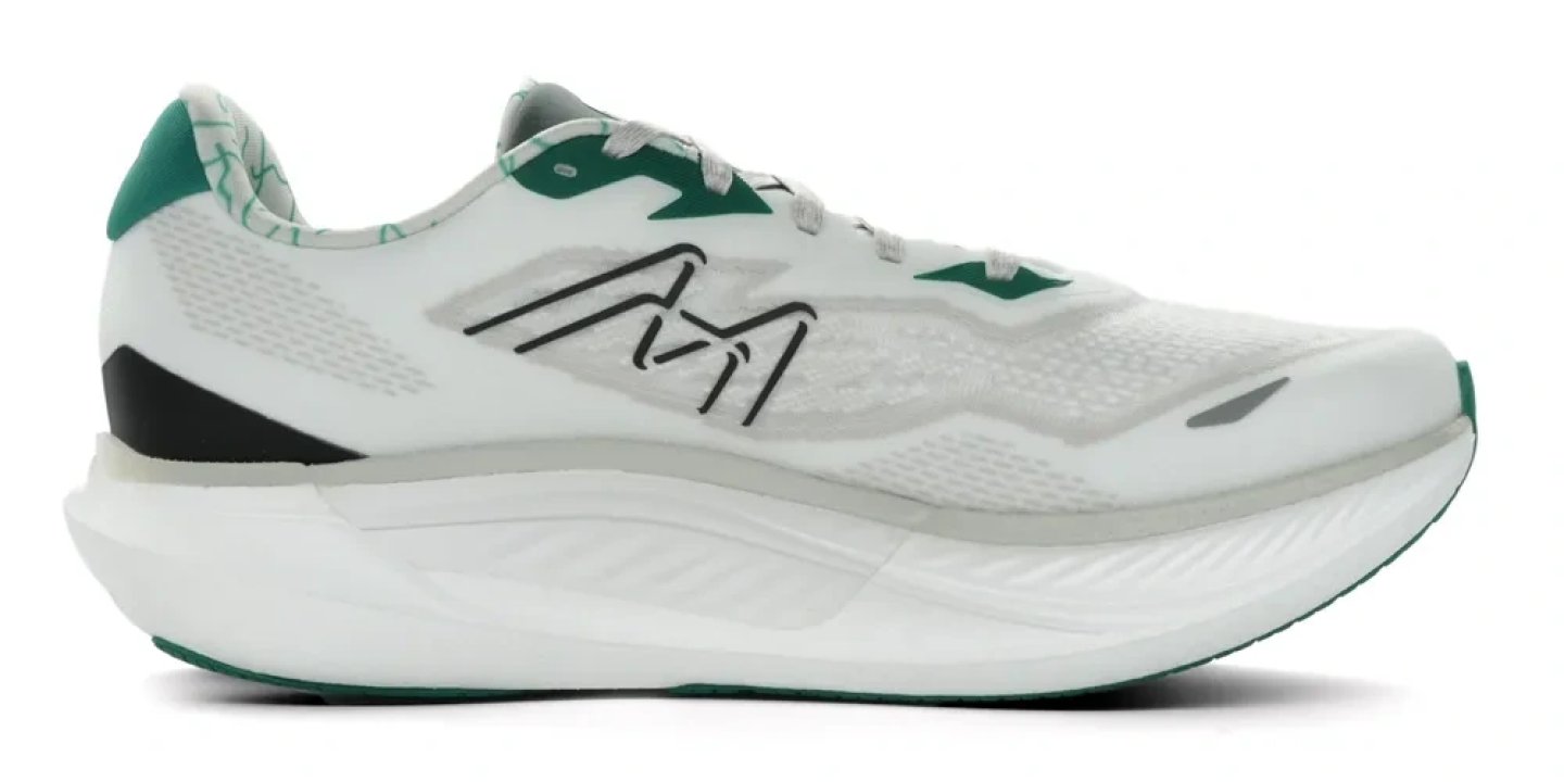 Karhu Fusion 5 running shoe in white and green, lateral side view, featuring a thick cushioned midsole