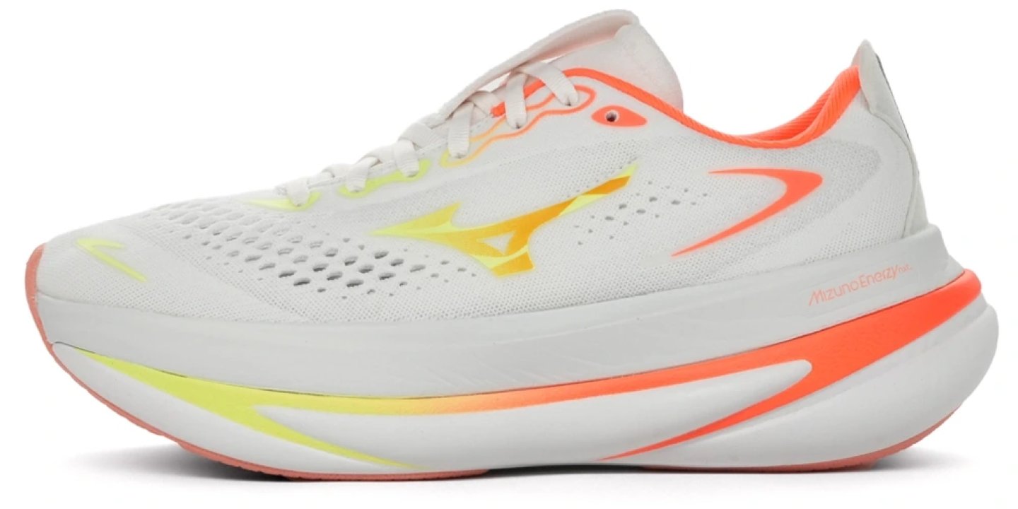 Mizuno Sky Prime running shoe in white with orange and yellow accents, lateral view on white background