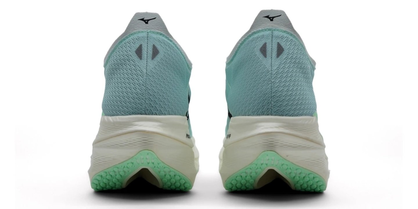 Rear view of two Mizuno Wave Rebellion Pro 3 running shoes showing heel counter, white midsole and mint green outsole
