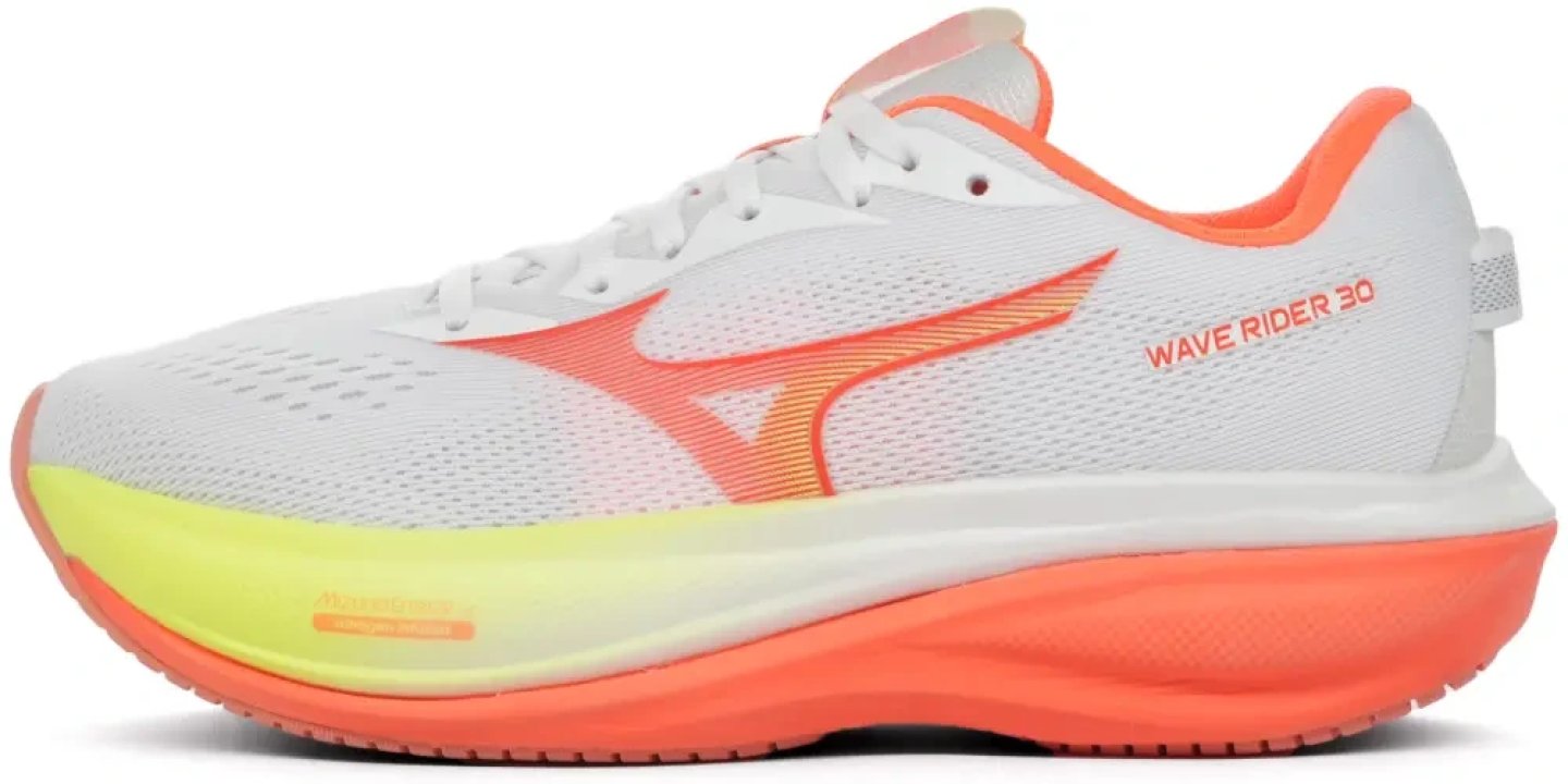 Mizuno Wave Rider 30 running shoe in white with coral orange midsole and neon yellow accent, lateral side view