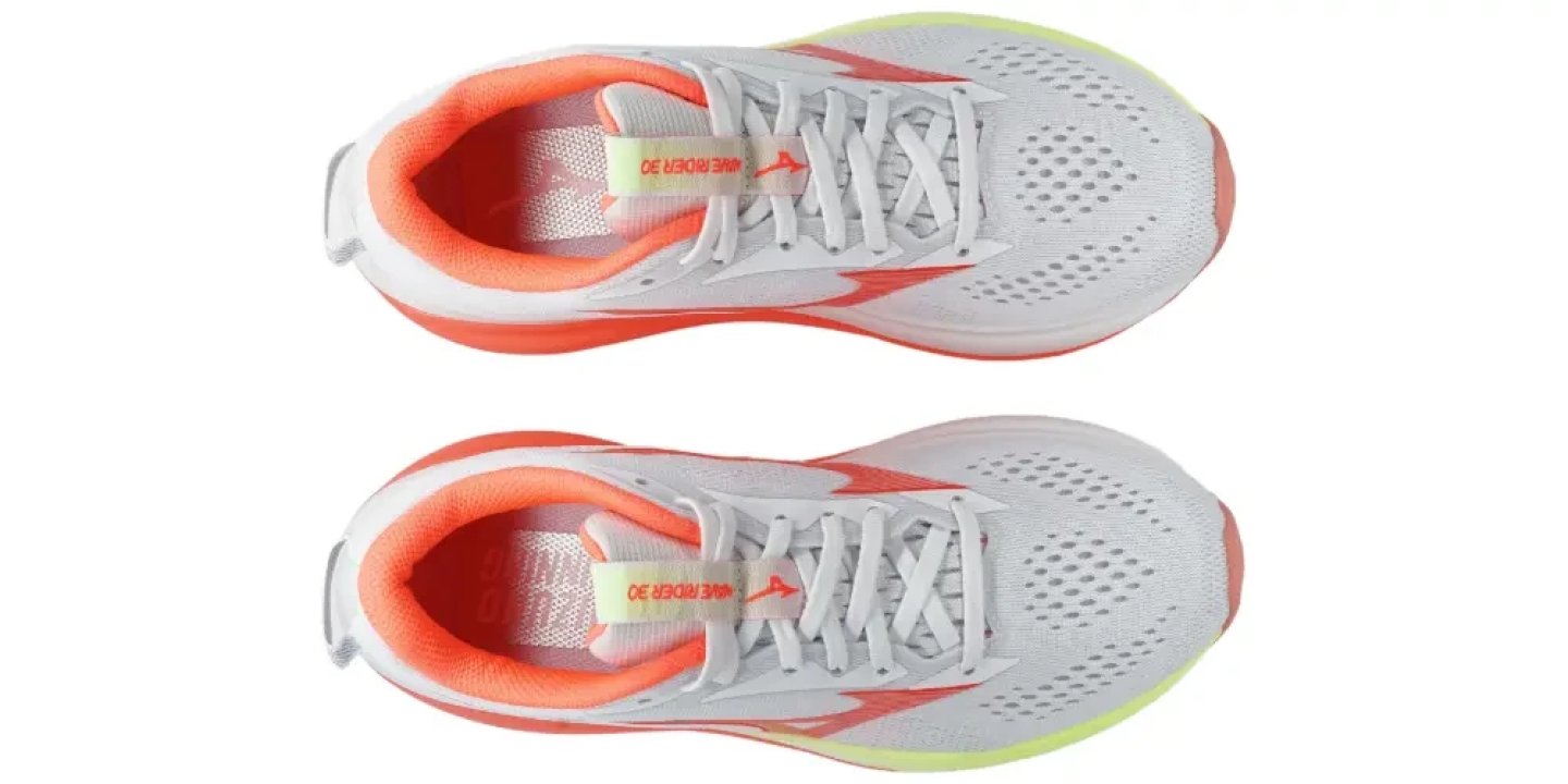 Top view of Mizuno Wave Rider 30 running shoes in grey with coral and yellow-green accents, showing mesh upper and laces.