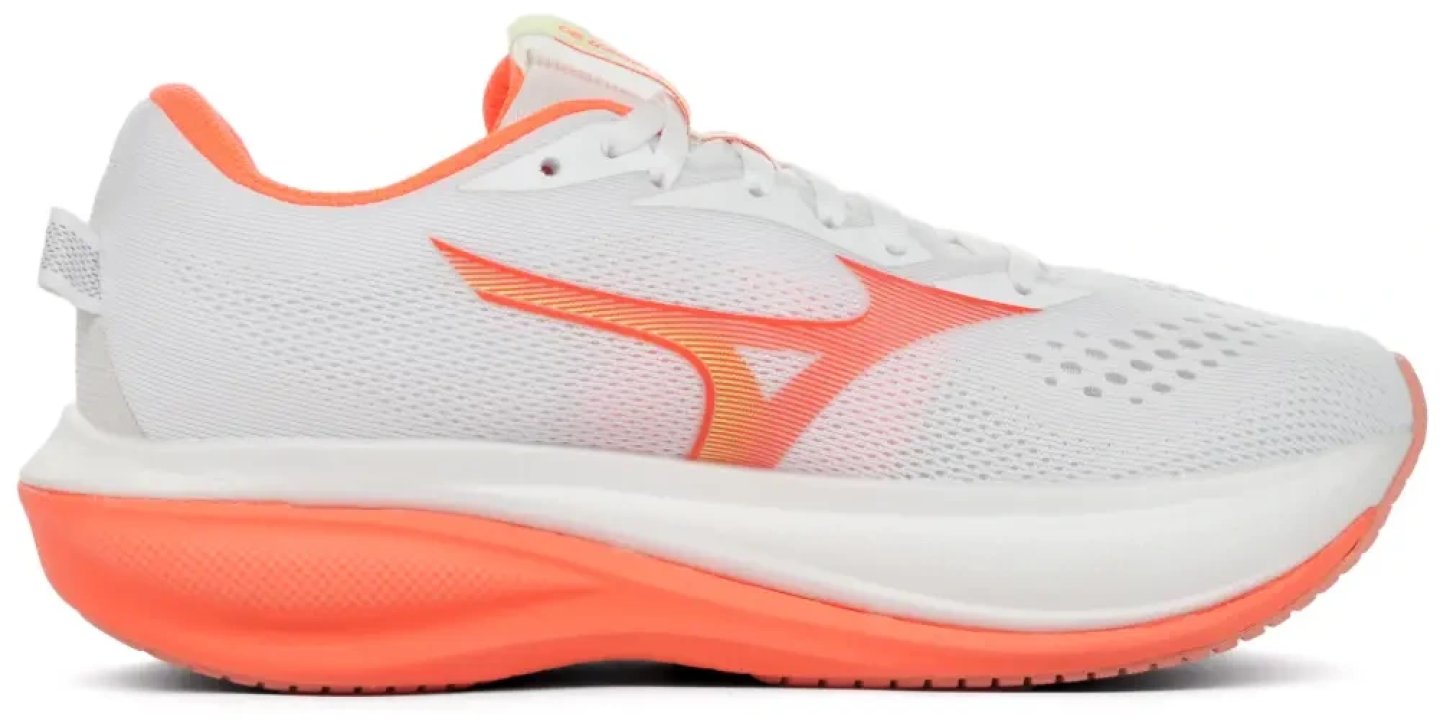 Mizuno Wave Rider 30 running shoe in white with coral orange midsole and Mizuno logo, lateral view