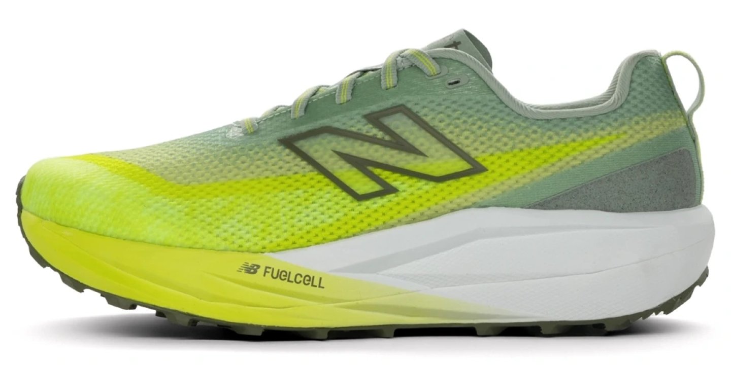 New Balance FuelCell SC Trail v2 trail running shoe in lime yellow and sage green colorway, lateral side view