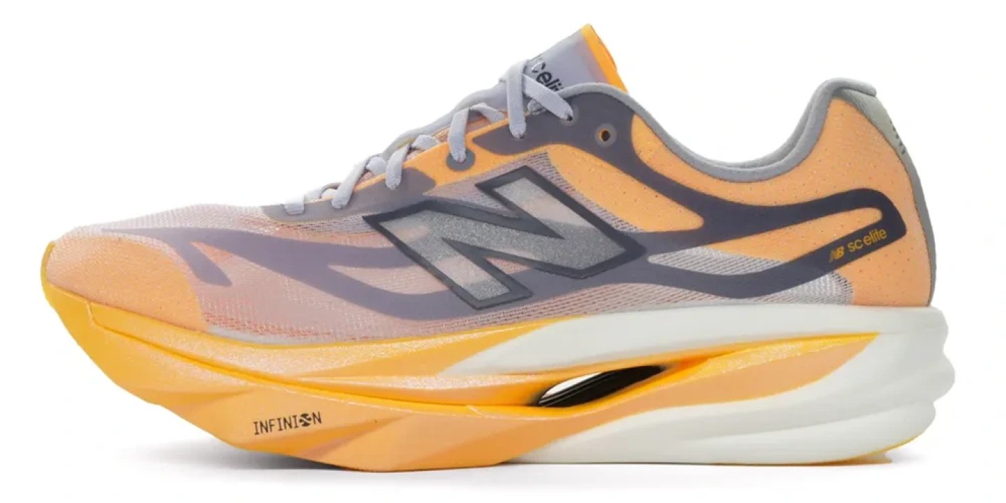 New Balance FuelCell SuperComp Elite v6 running shoe in orange and grey with INFINI∞N midsole, lateral view