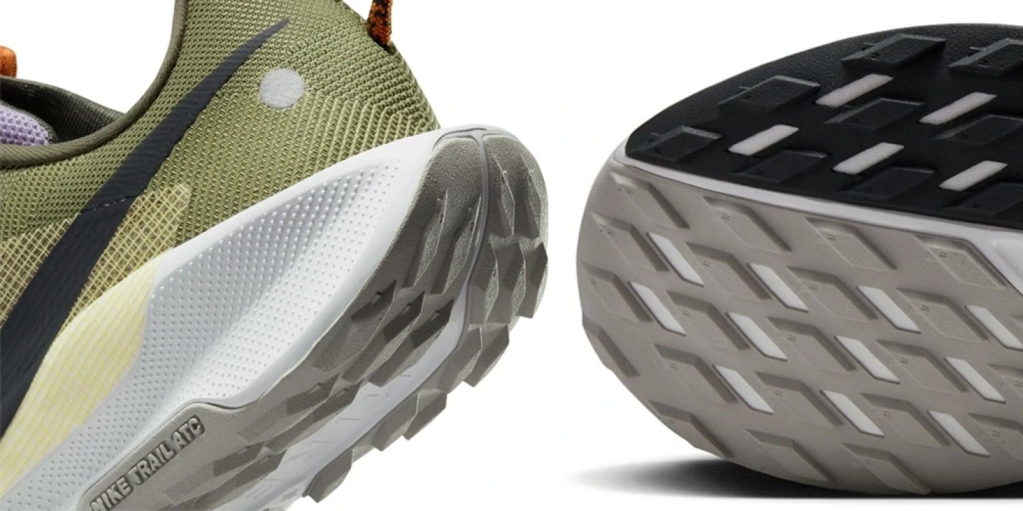 Nike Pegasus Trail 5 side and bottom view highlighting the lugged rubber outsole and trail grip pattern on an olive green upper