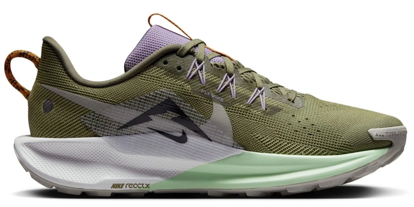 Nike Pegasus Trail 5 Stride trail running shoe in olive green with lavender accents and ReactX midsole, lateral view