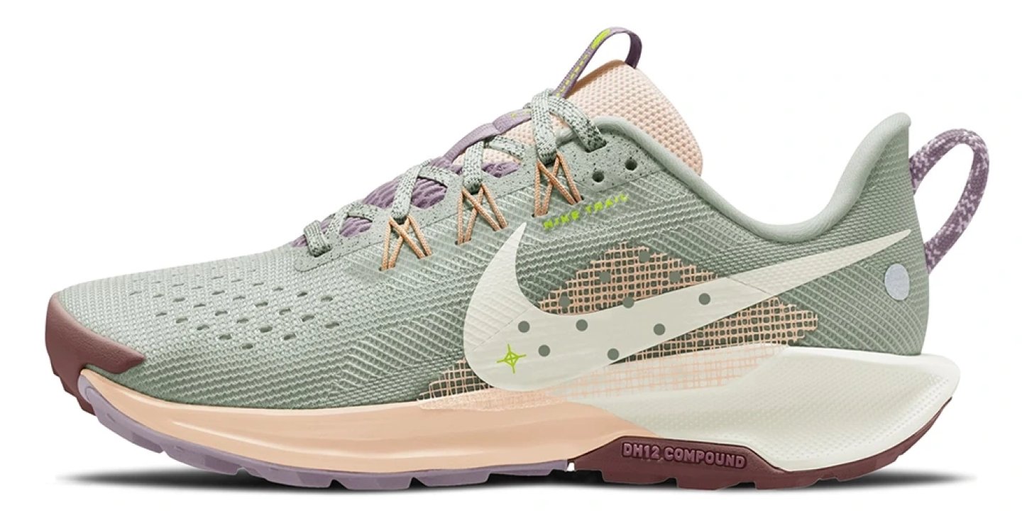 Nike Pegasus Trail 5 women's trail running shoe in sage green with peach, lavender and burgundy accents, lateral view