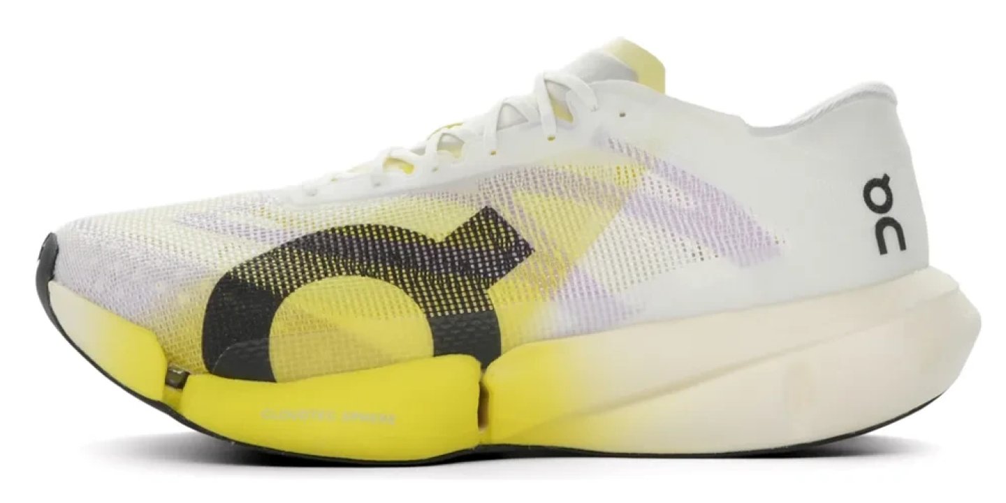 On Cloudboom Strike 2 running shoe in white and yellow with black On logo graphic on the upper, lateral side view
