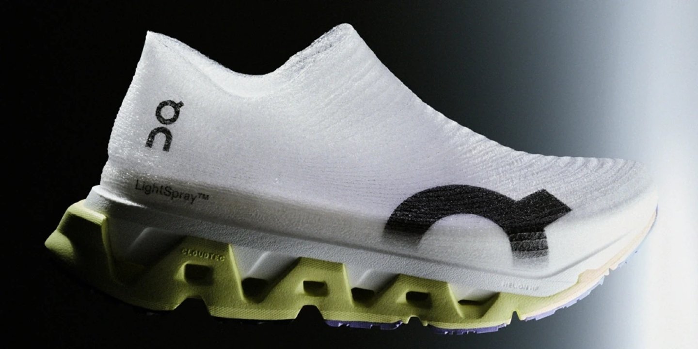 On Cloudmonster 3 Hyper LS running shoe in white with lime green CloudTec outsole and LightSpray upper, side profile view
