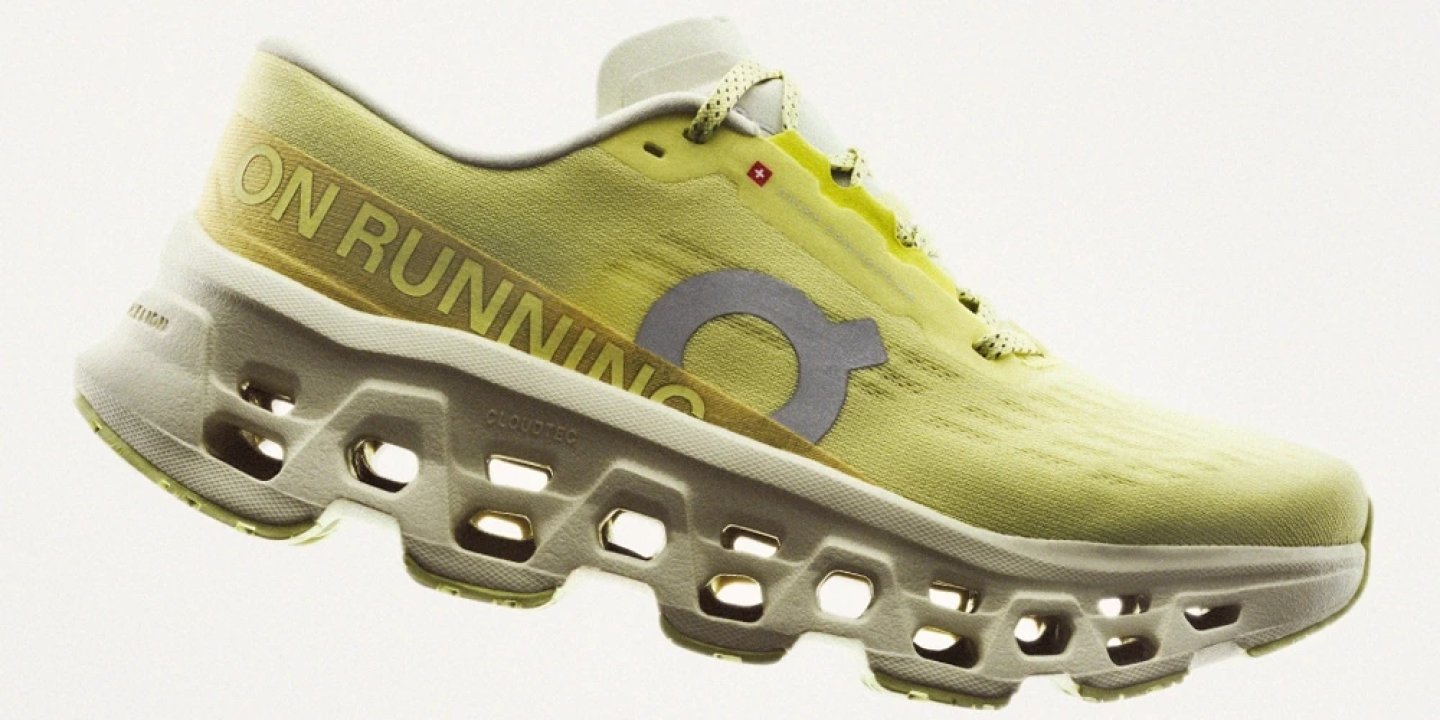 On Cloudmonster 3 running shoe in yellow-green colourway, lateral view showcasing large CloudTec pods on the midsole