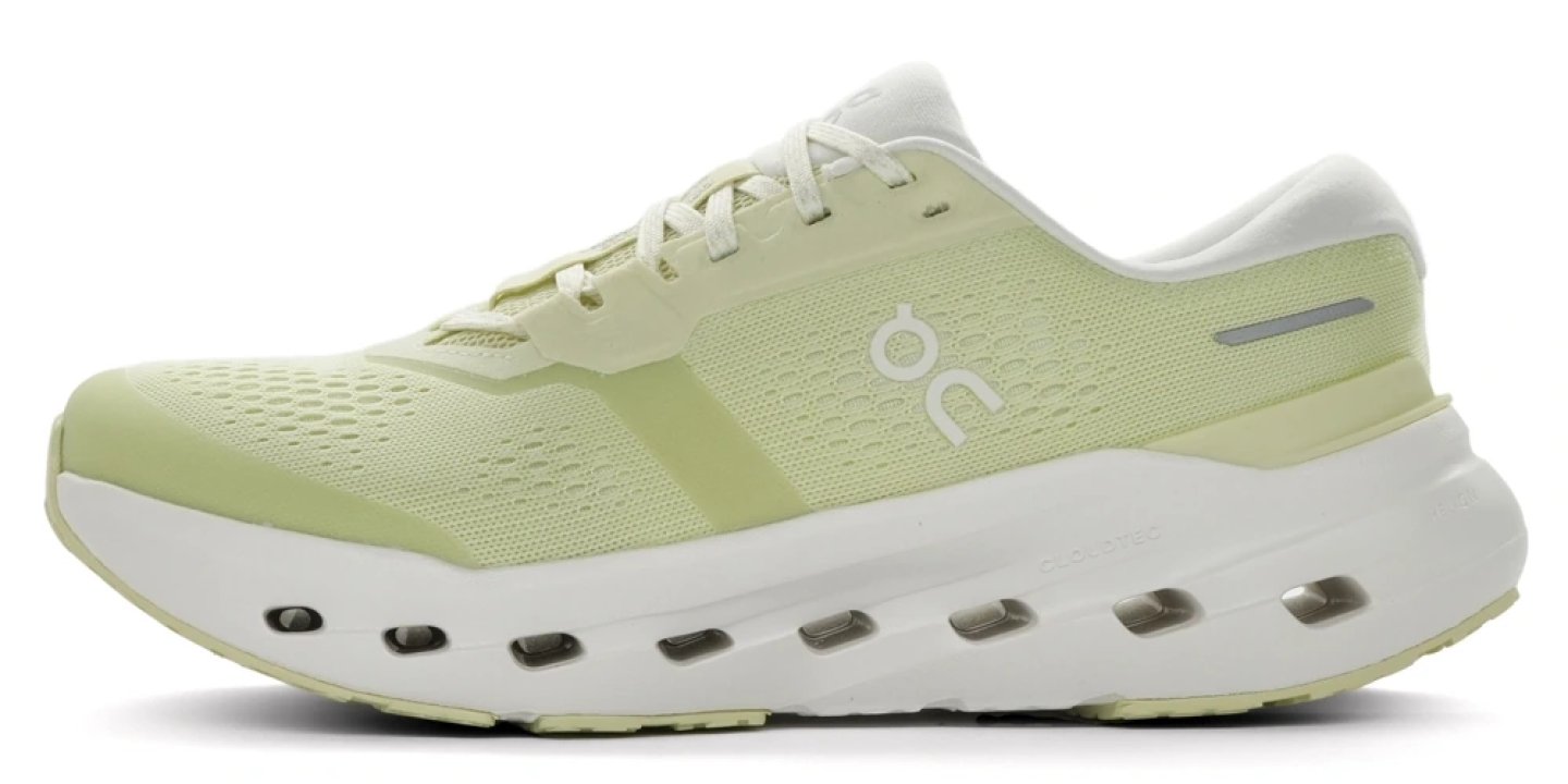 On Cloudrunner 3 running shoe in light green and white, lateral view showing CloudTec® midsole