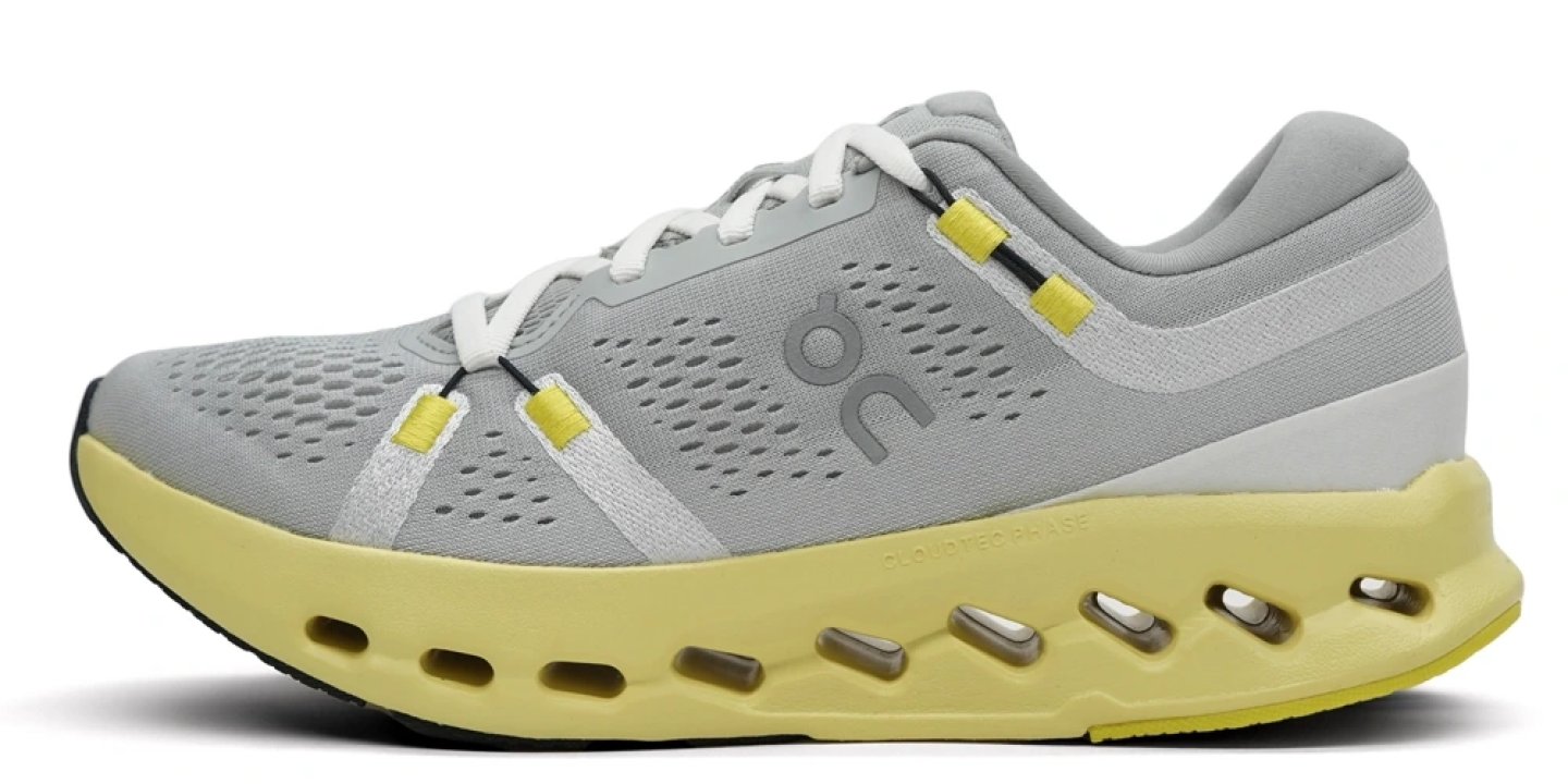 On Cloudsurfer 2 running shoe in glacier grey upper with yellow CloudTec Phase midsole, lateral view