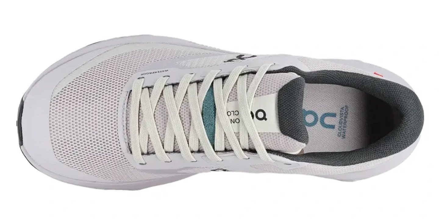 Top view of the On Cloudvista 3 Waterproof running shoe in grey with teal accents and white flat laces