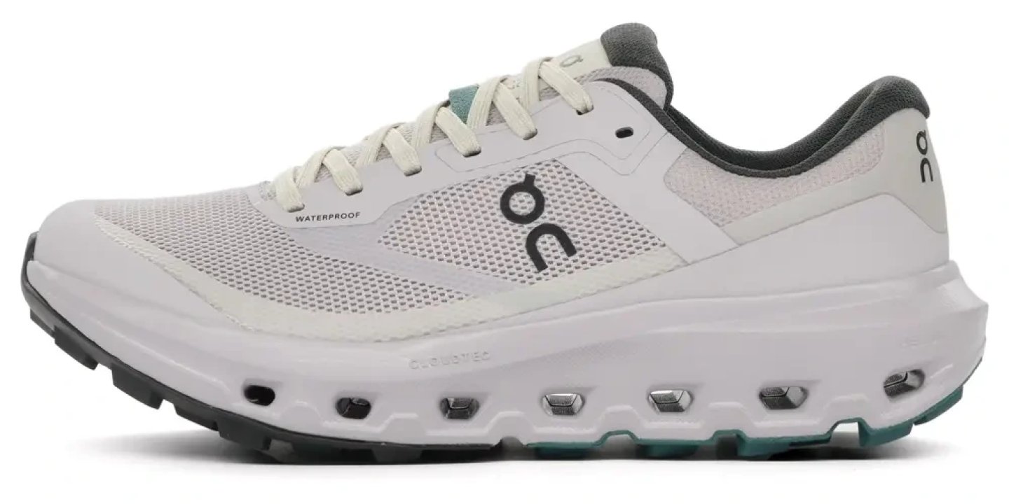 On Cloudvista 3 WP waterproof running shoe in white and grey with green accents, lateral view showing CloudTec sole