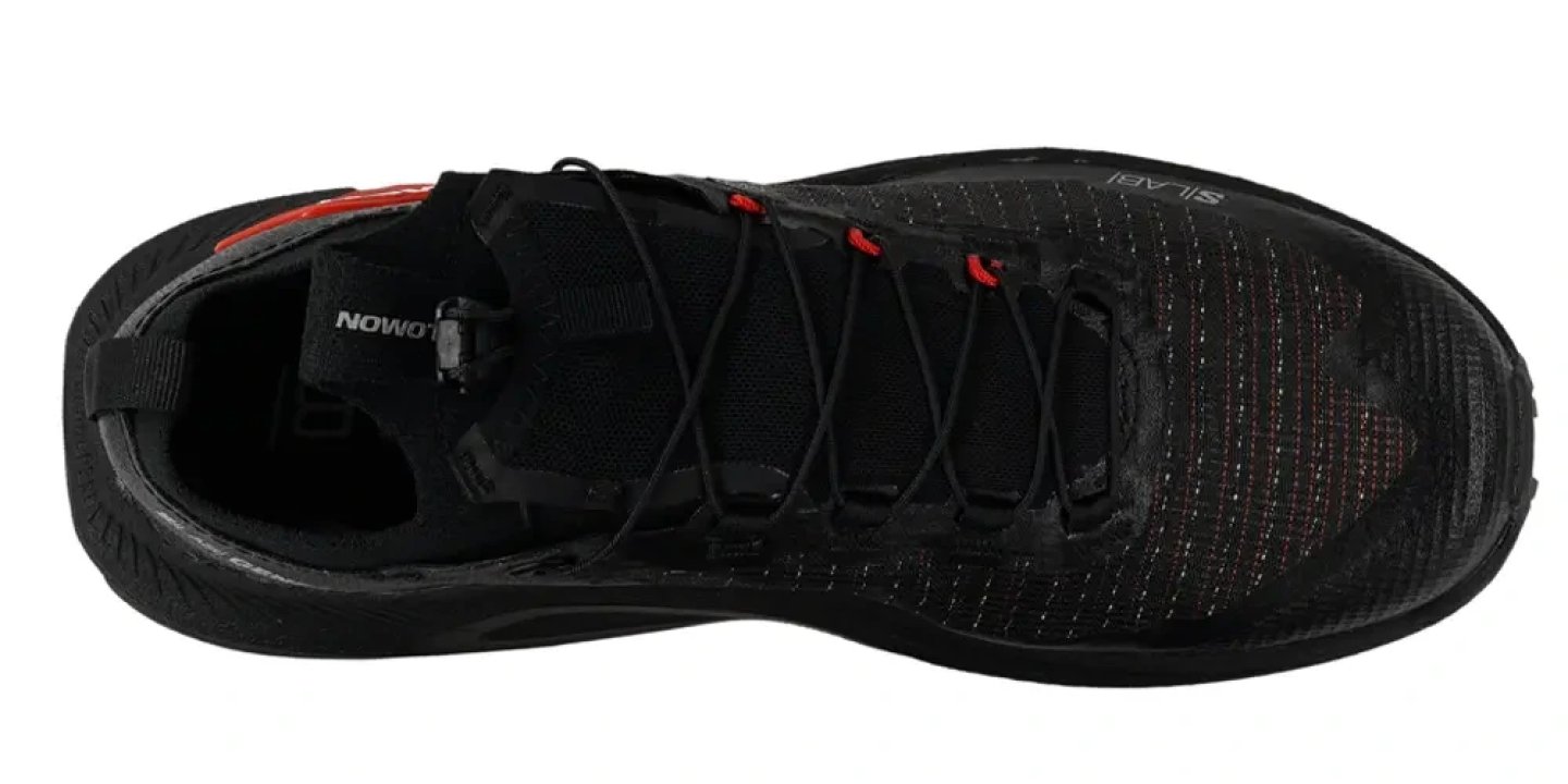 Salomon S/LAB Genesis 2 trail running shoe top view in black with red accents and quick-lace system