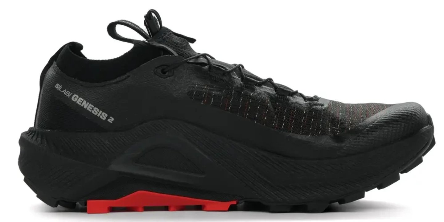 Salomon S/LAB Genesis 2 trail running shoe in black with red outsole accent, lateral view on white background