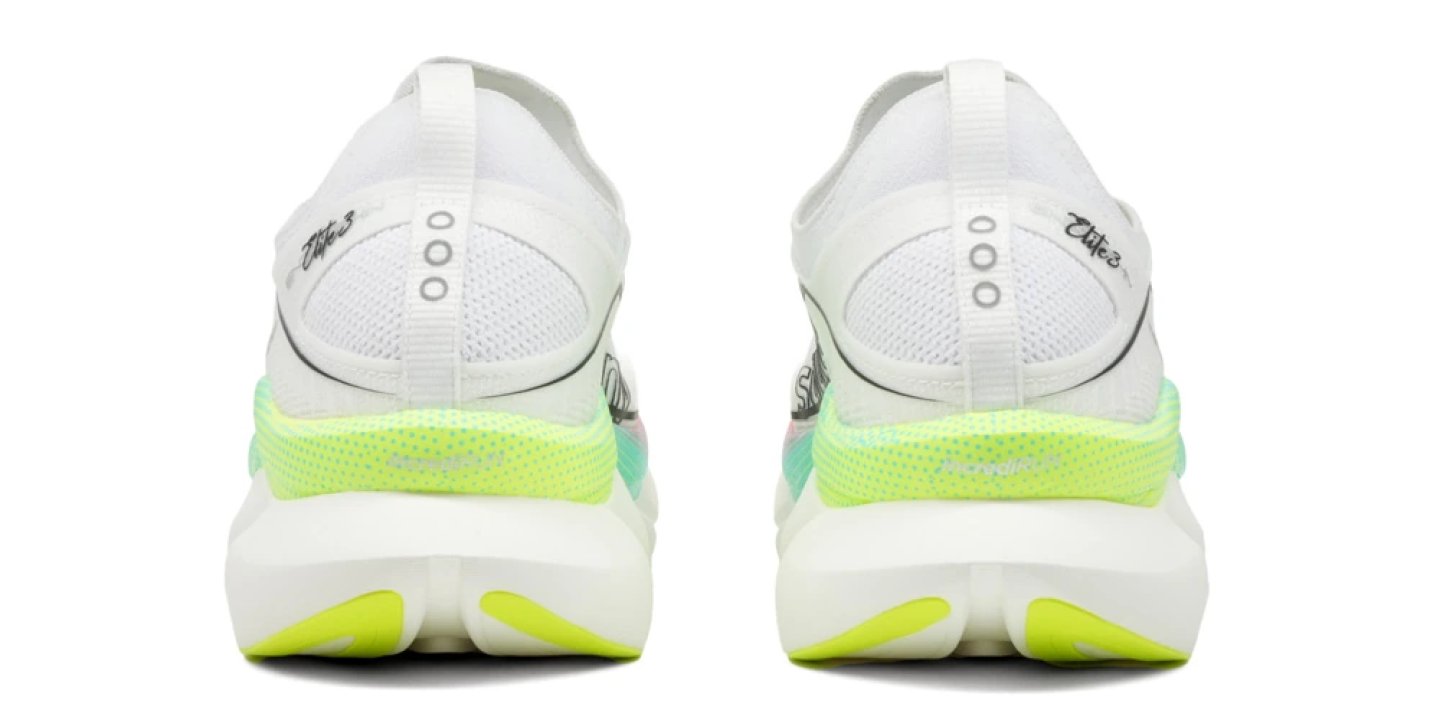 Rear view of a pair of Saucony Endorphin Elite 3 running shoes in white with neon yellow-green midsole accents.