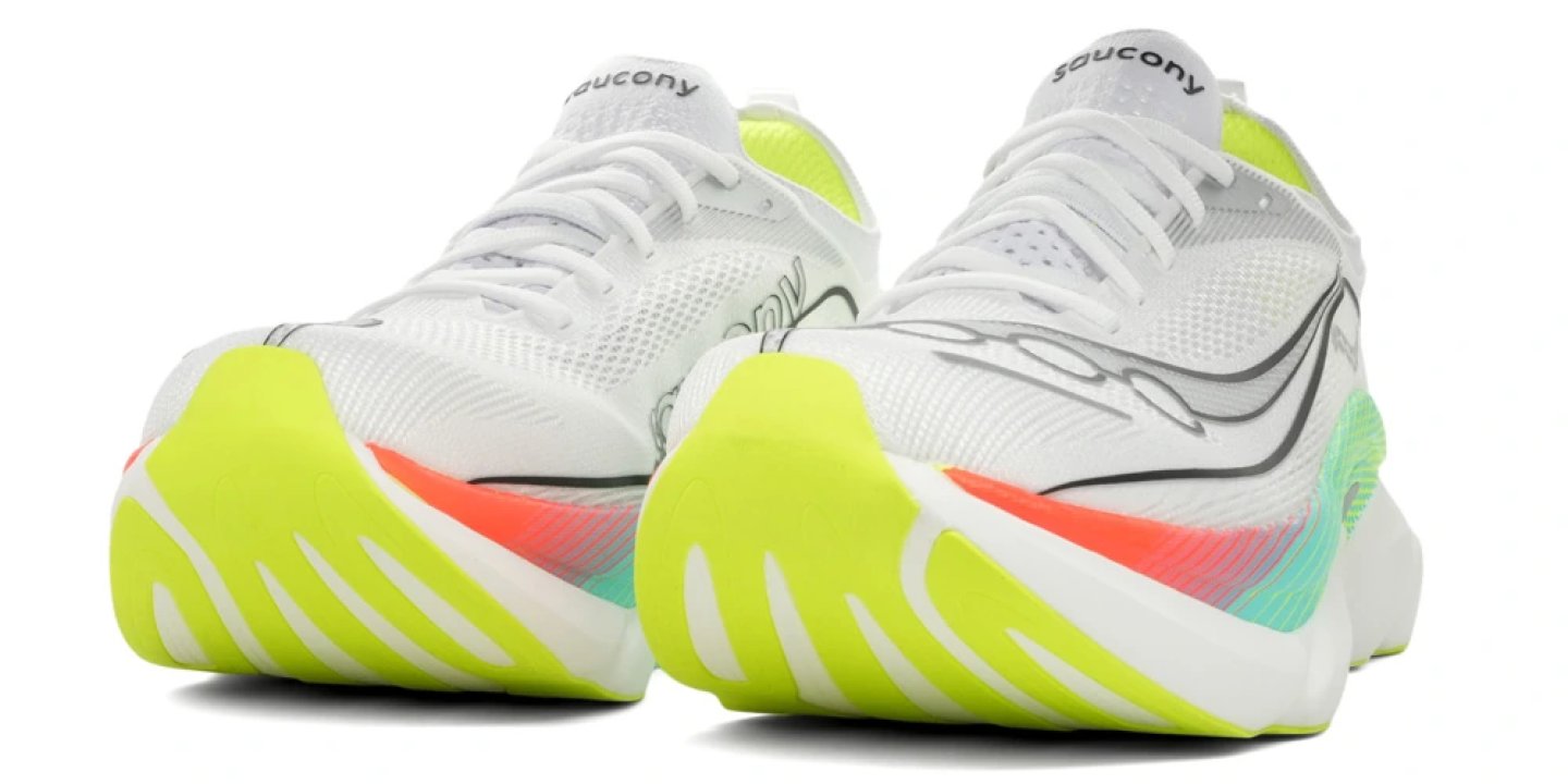 Rear view of a pair of Saucony Endorphin Elite 3 running shoes in white with neon yellow midsole and coral-mint heel accents