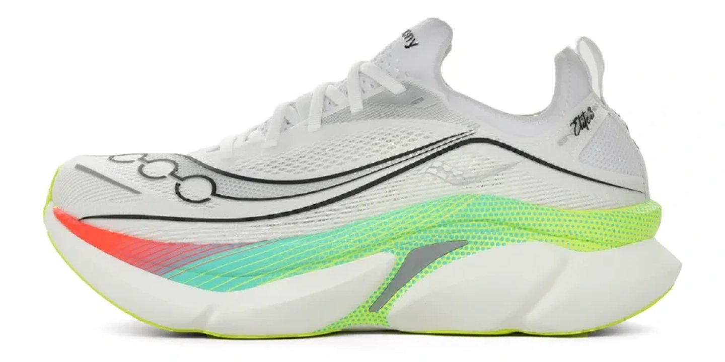 Saucony Endorphin Elite 3 running shoe lateral side view, white upper with neon green, teal and coral gradient midsole