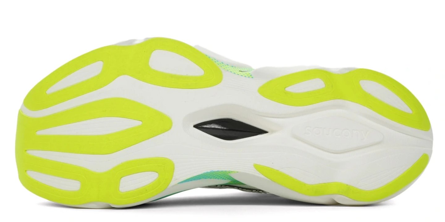 Saucony Endorphin Elite 3 running shoe outsole with neon yellow-green rubber pods on a white midsole base