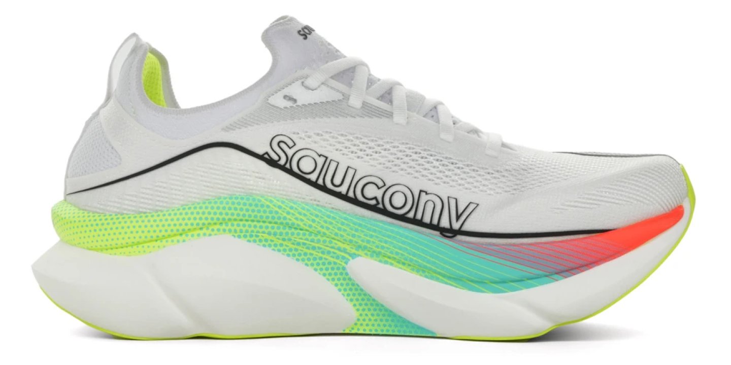 Saucony Endorphin Elite 3 running shoe in white with neon yellow, mint green and coral midsole detailing, lateral view