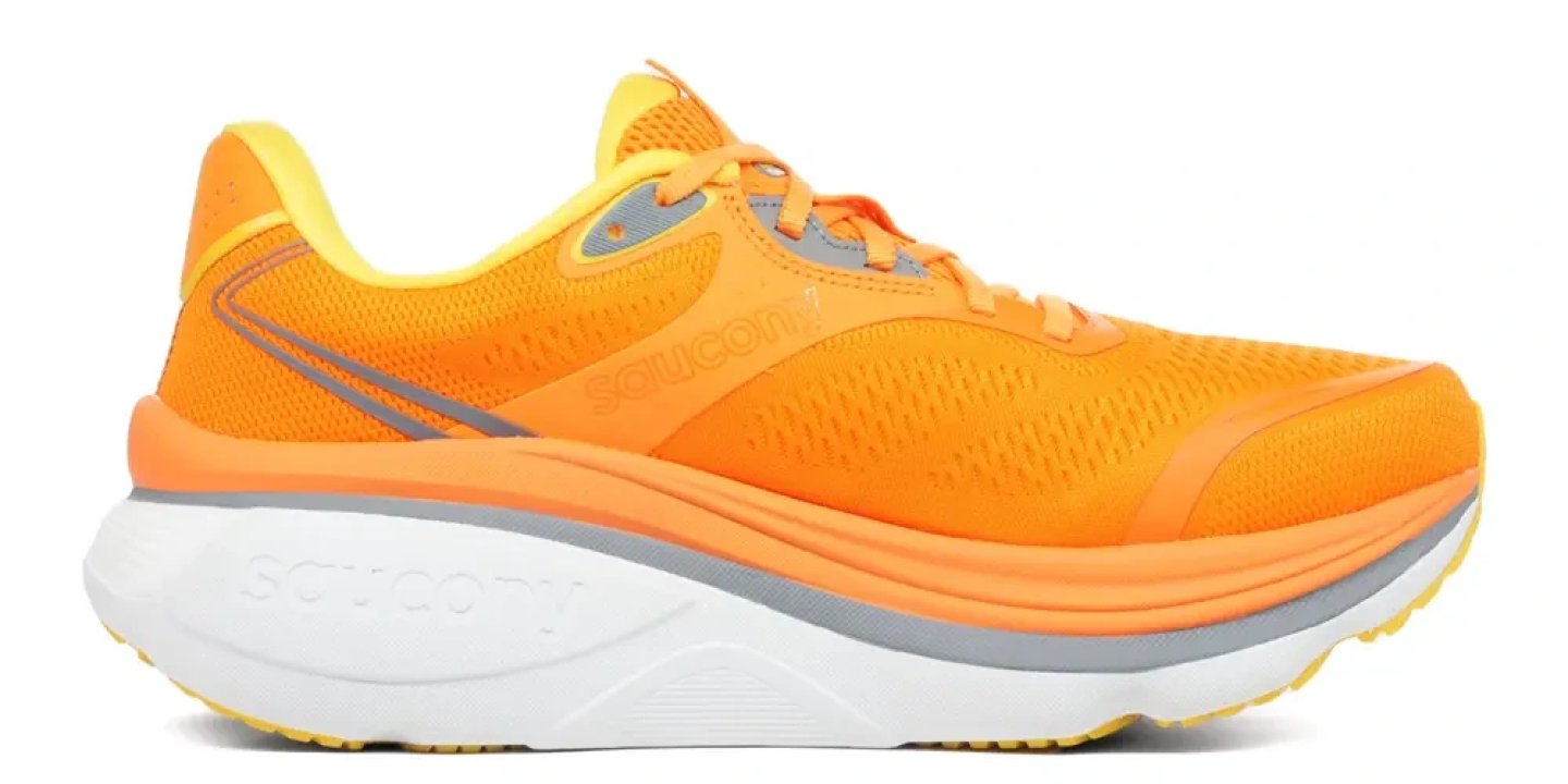 Saucony Hurricane 26 running shoe in orange with white midsole and grey accents, lateral side view