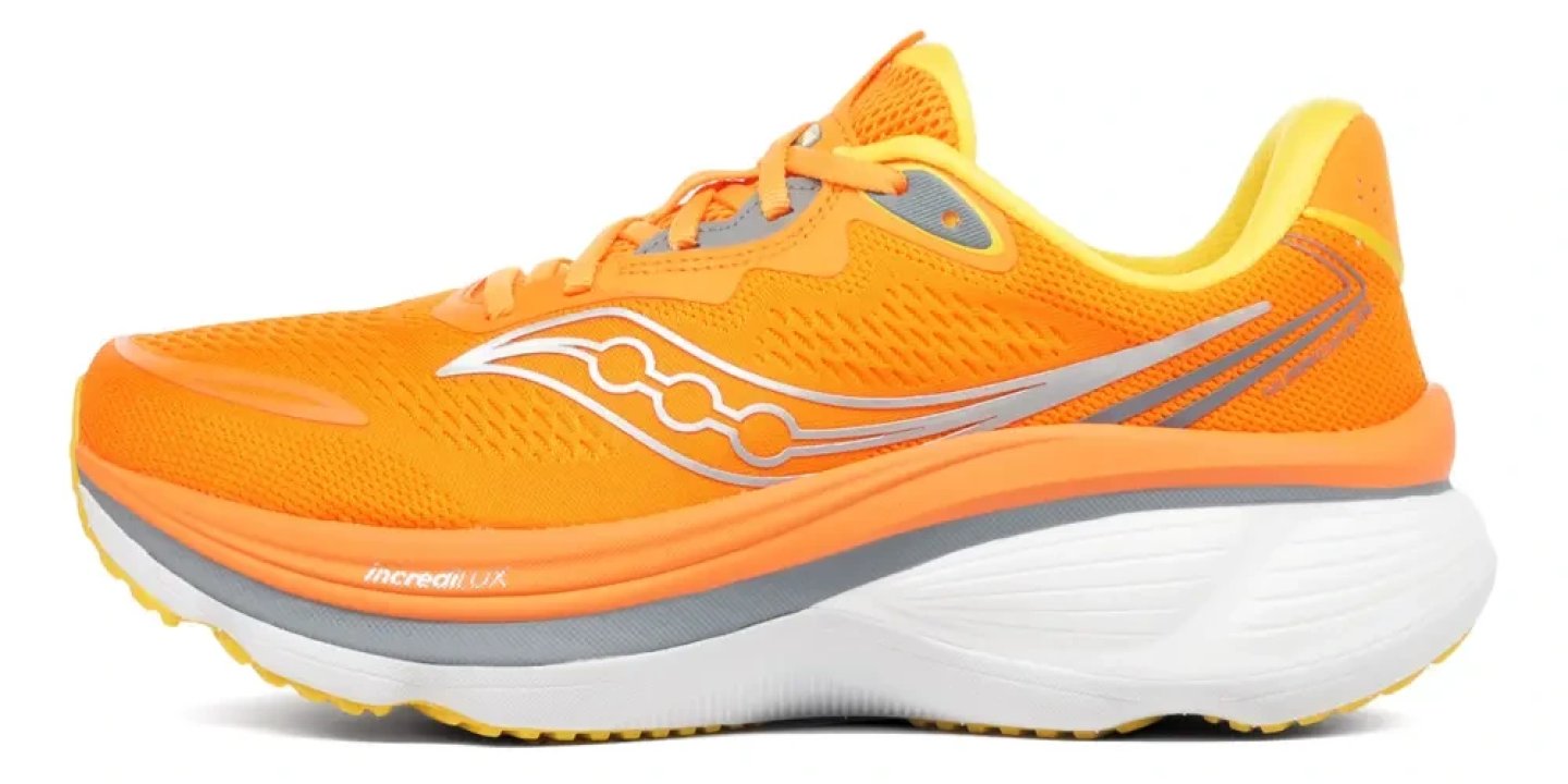 Saucony Hurricane 26 running shoe in orange and yellow with PWRRUN+ midsole, lateral view on white background