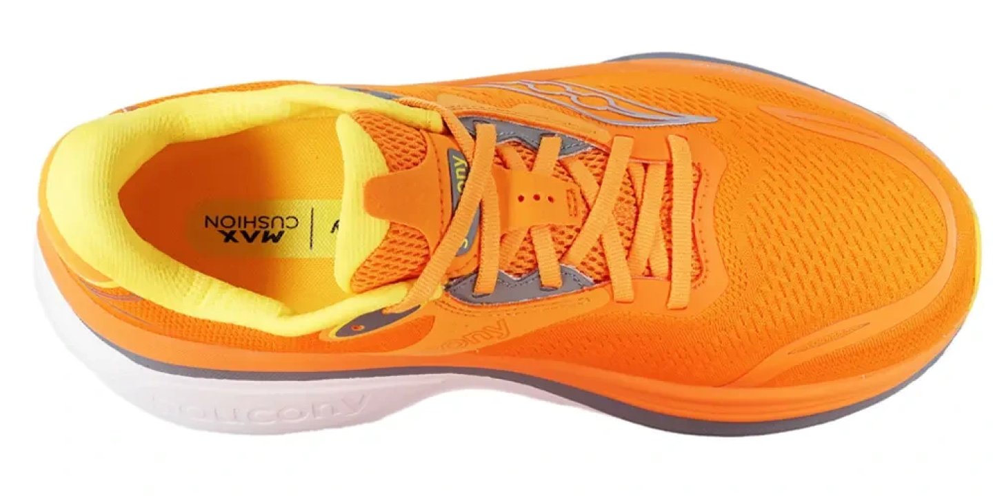 Top view of the Saucony Hurricane 26 running shoe in orange with yellow collar lining and grey accents
