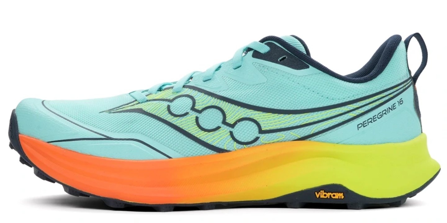 Saucony Peregrine 16 trail running shoe in mint green with orange and yellow midsole and Vibram outsole, lateral view