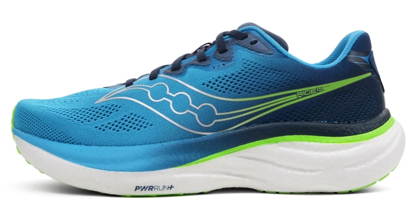 Saucony Ride 19 running shoe in blue and green with white PWRRUN+ midsole, lateral side view on white background