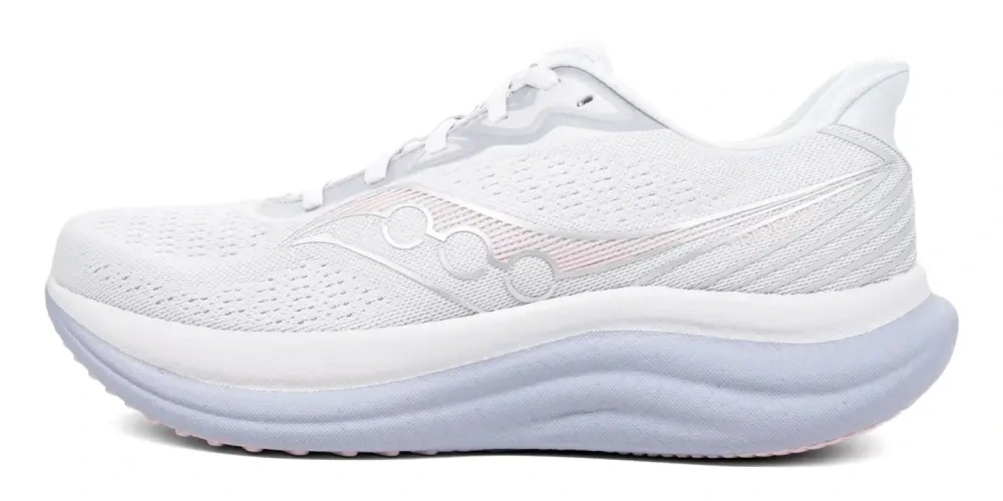 Saucony Triumph 23 women's running shoe in white with a chunky midsole, mesh upper, and signature logo, lateral view