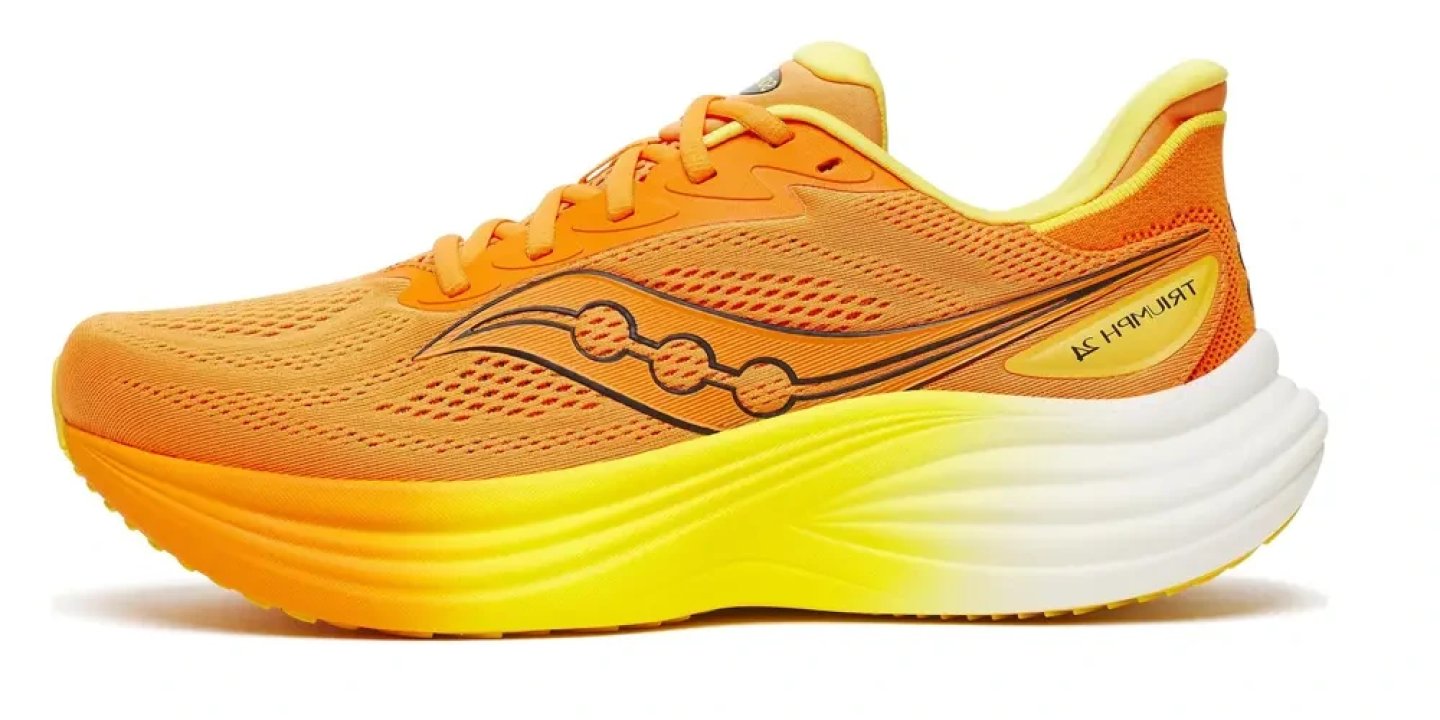 Saucony Triumph 24 running shoe in orange and yellow with white midsole, lateral view on white background