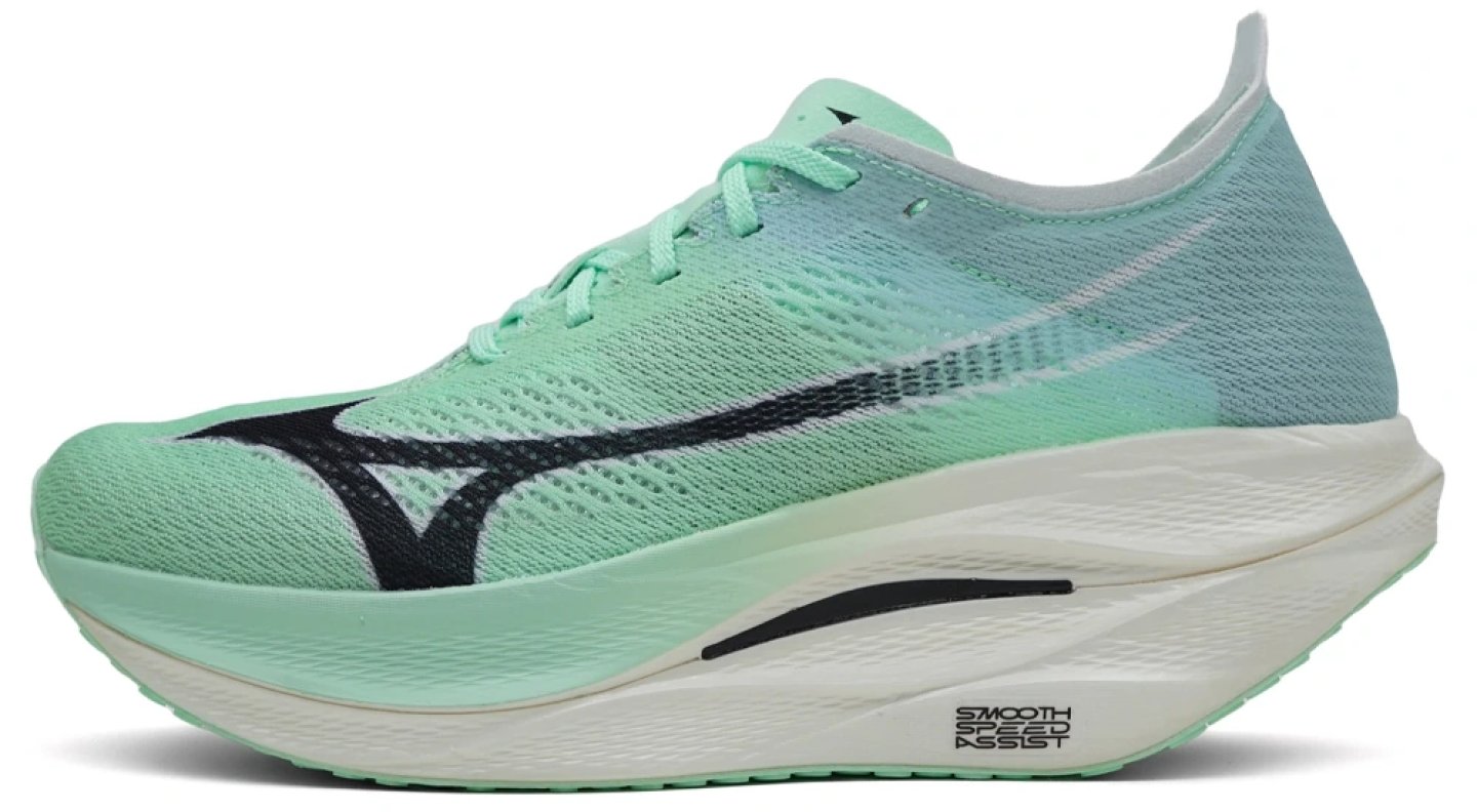 Mizuno Wave Rebellion Pro 3 running shoe in mint green with black Mizuno logo and white rocker midsole, lateral view