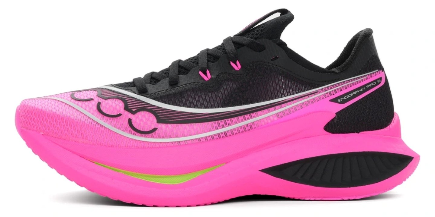 Saucony Endorphin Pro 5 running shoe in pink and black, lateral view showing stacked midsole and carbon plate