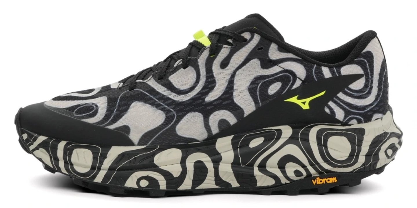 Mizuno Neo Accera trail running shoe in black and white topographic print with yellow logo and Vibram outsole, lateral view